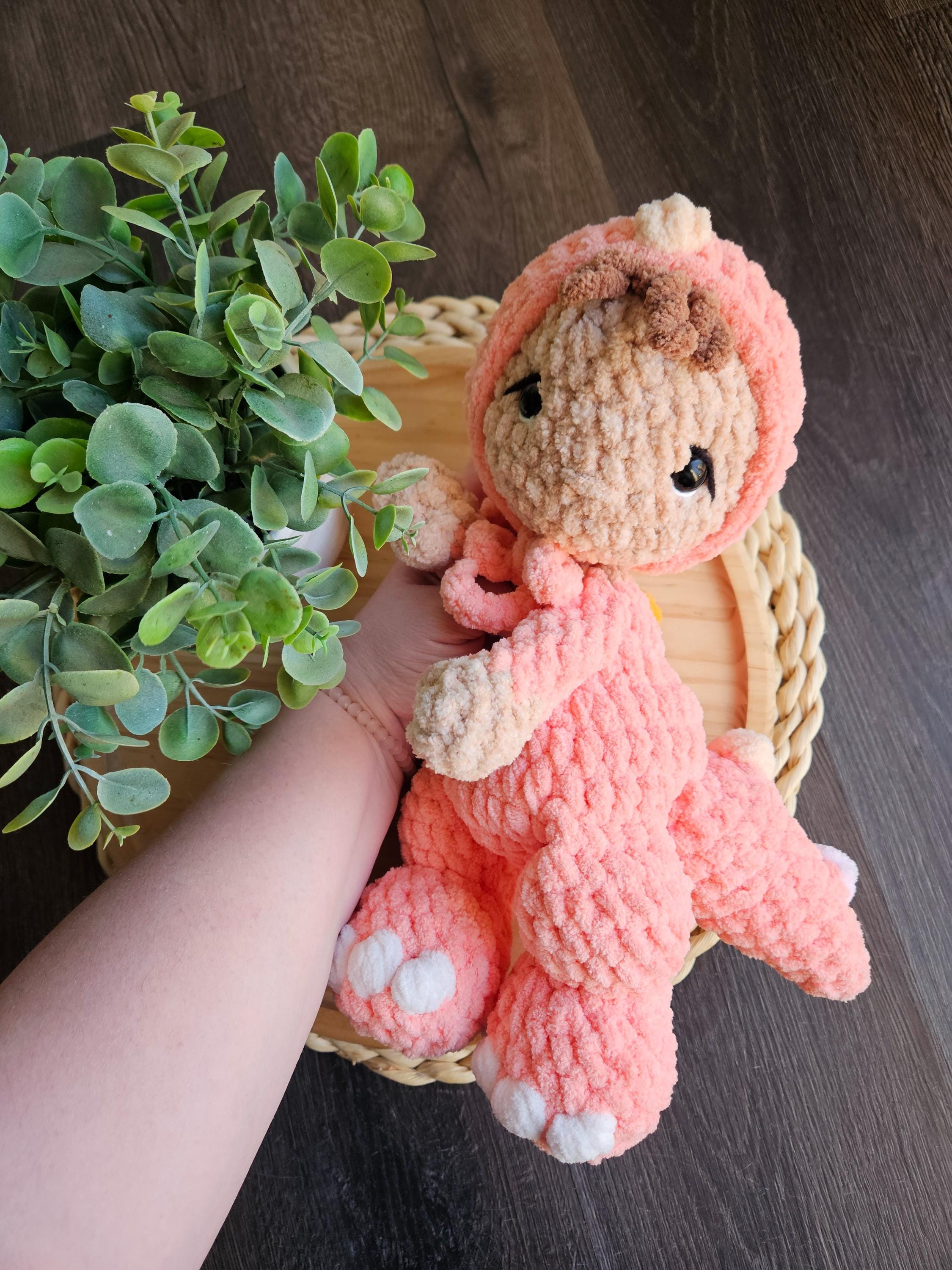Crochet Baby Doll Dinosaur Lovey, Crochet Dino Doll, Handmade Dinosaur Bonnet Doll